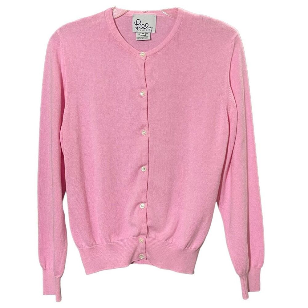 Lilly Pulitzer Vintage 90s Pink Cardigan Sweater Medium Cotton Button Front